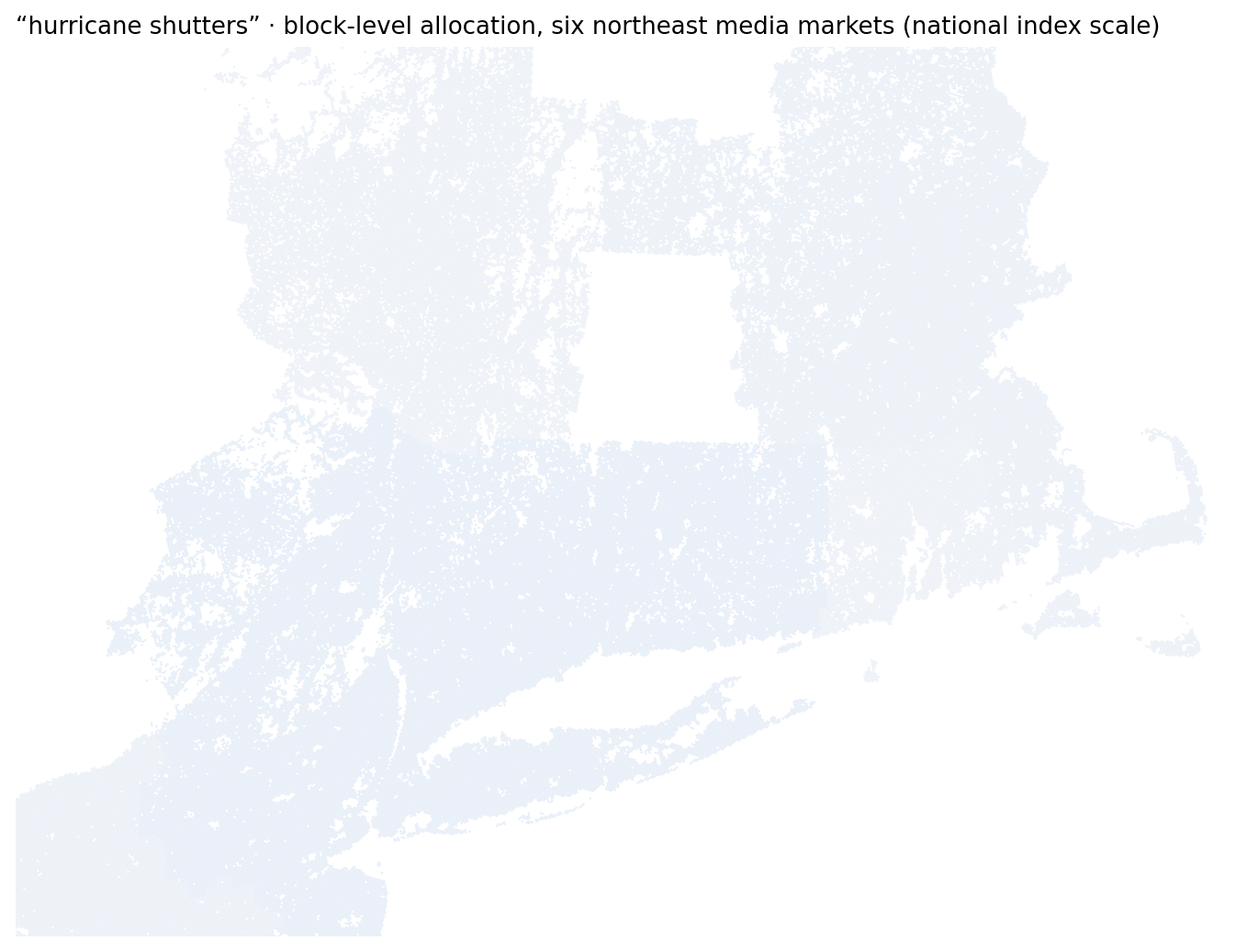 Block-level allocation of hurricane shutter search interest across the northeast, staying flat because the signal has no footprint in the region.
