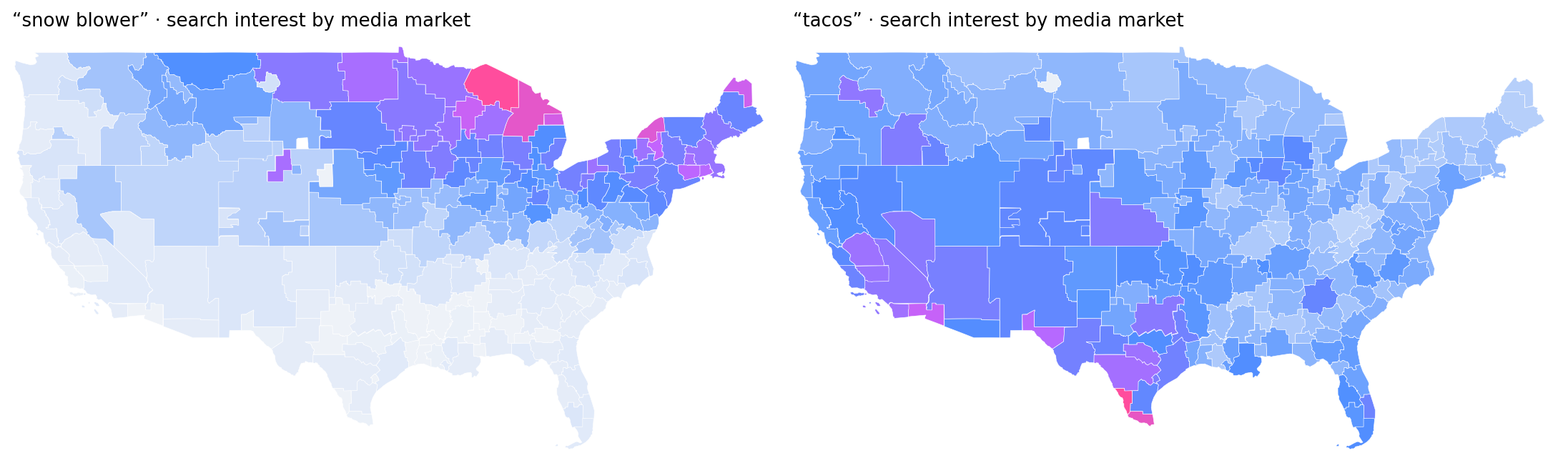 Two US maps comparing search interest by media market: snow blower concentrated in the northern tier, tacos national with a gradient toward the Texas border.