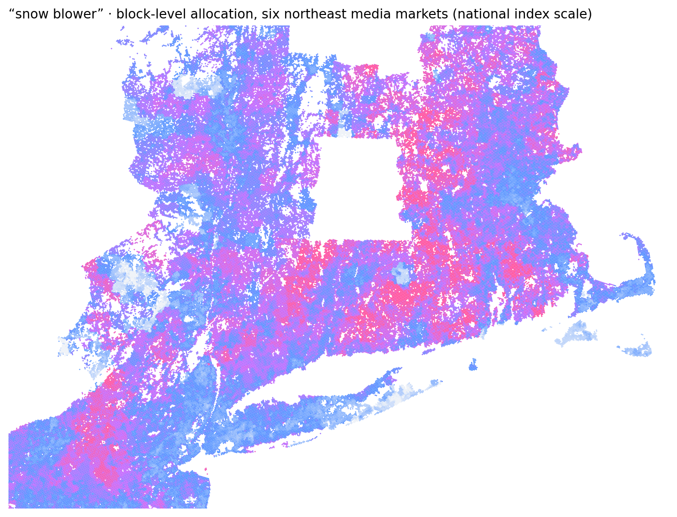 Block-level allocation of snow blower search interest across six northeast media markets, showing fine-grain texture within each market.